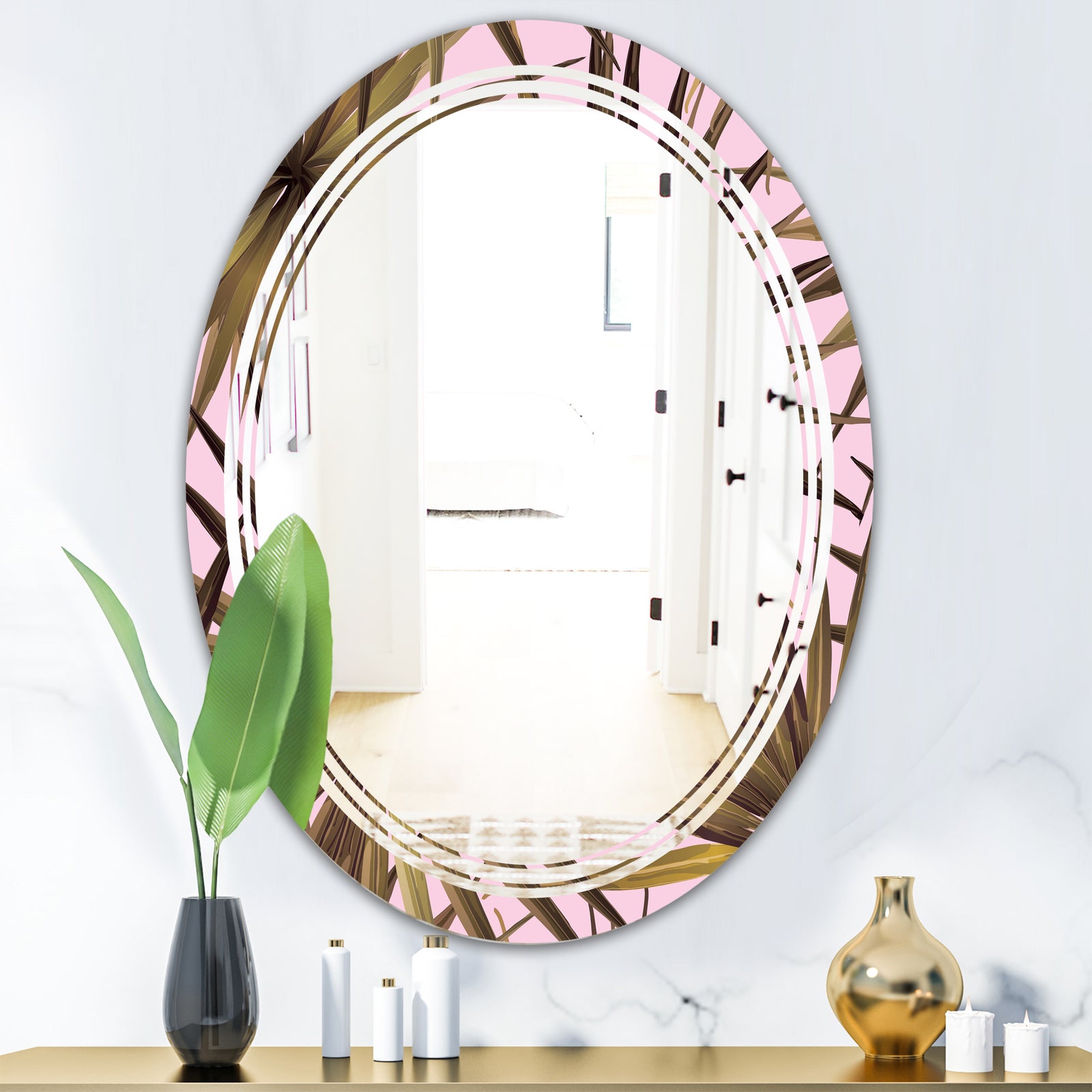 Tropical Leaves On Pink - Modern Round or Oval Wall Mirror - Triple C