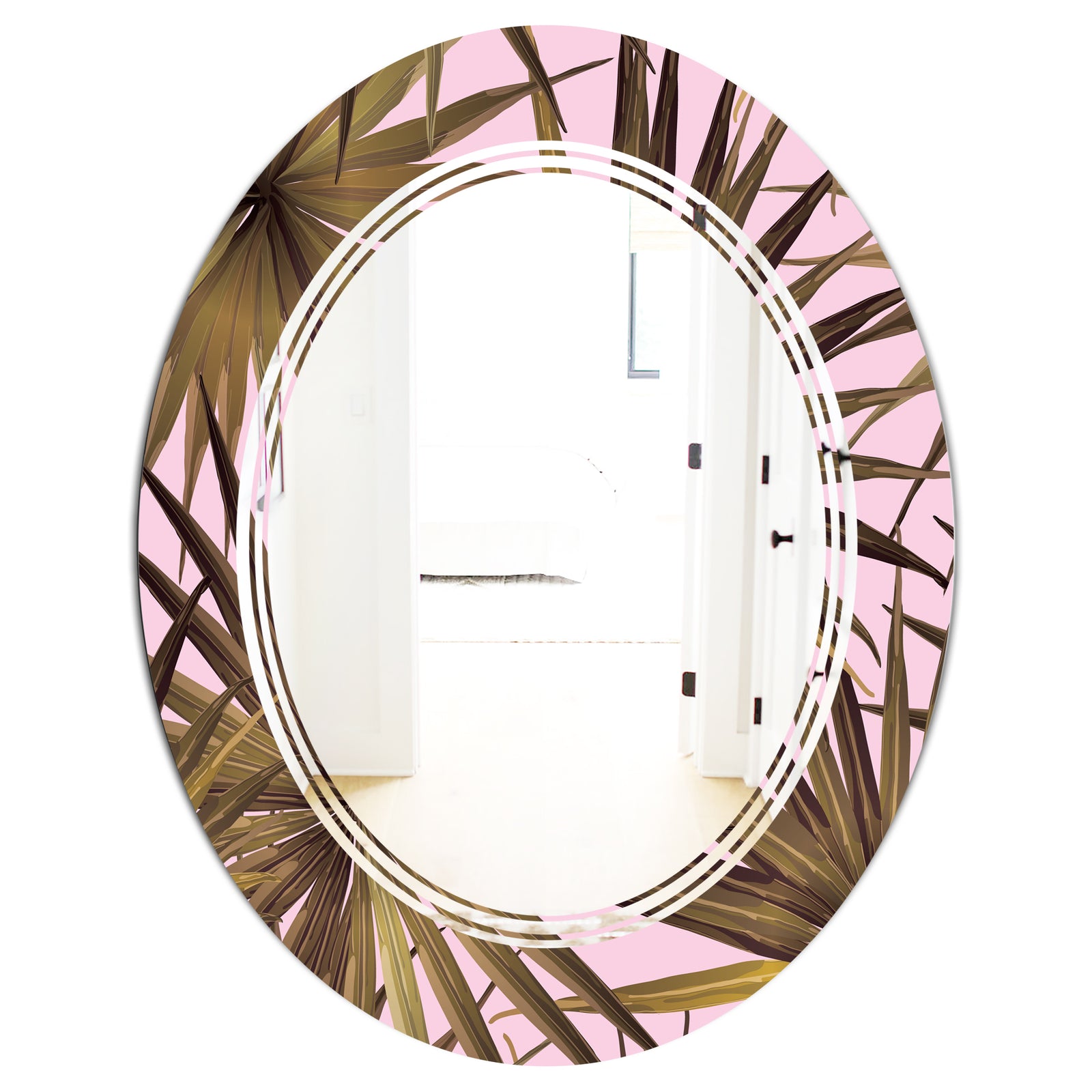 Tropical Leaves On Pink - Modern Round or Oval Wall Mirror - Triple C