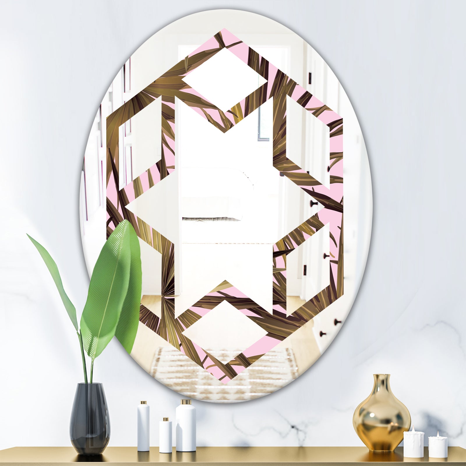 Tropical Leaves On Pink - Modern Round or Oval Wall Mirror - Hexagon Star