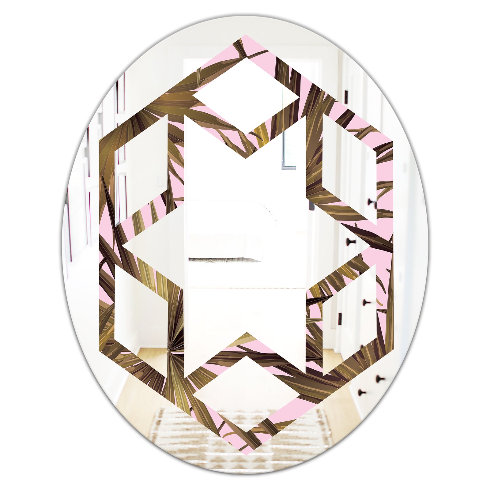 Tropical Leaves On Pink - Modern Round or Oval Wall Mirror - Hexagon Star