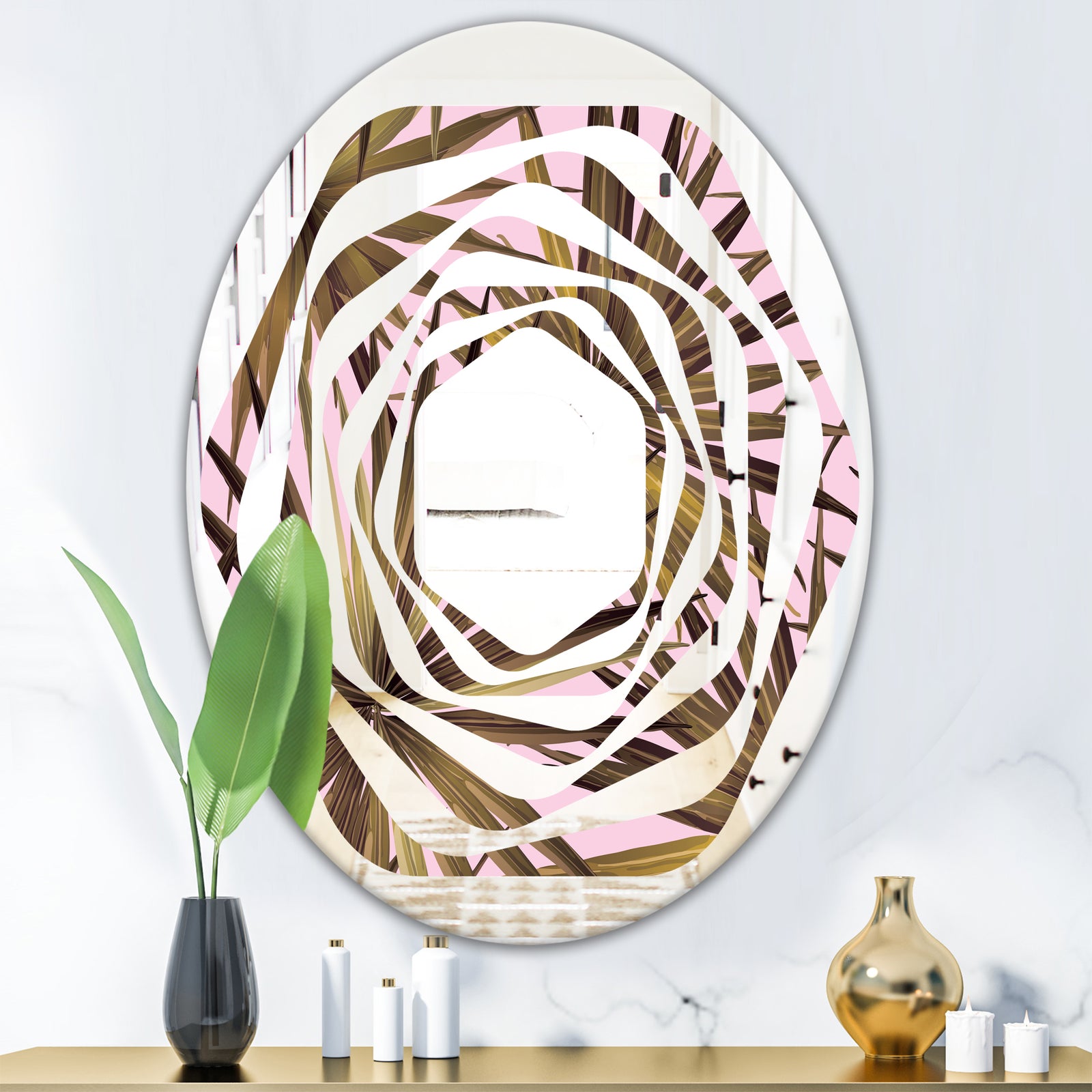 Tropical Leaves On Pink - Modern Round or Oval Wall Mirror - Whirl