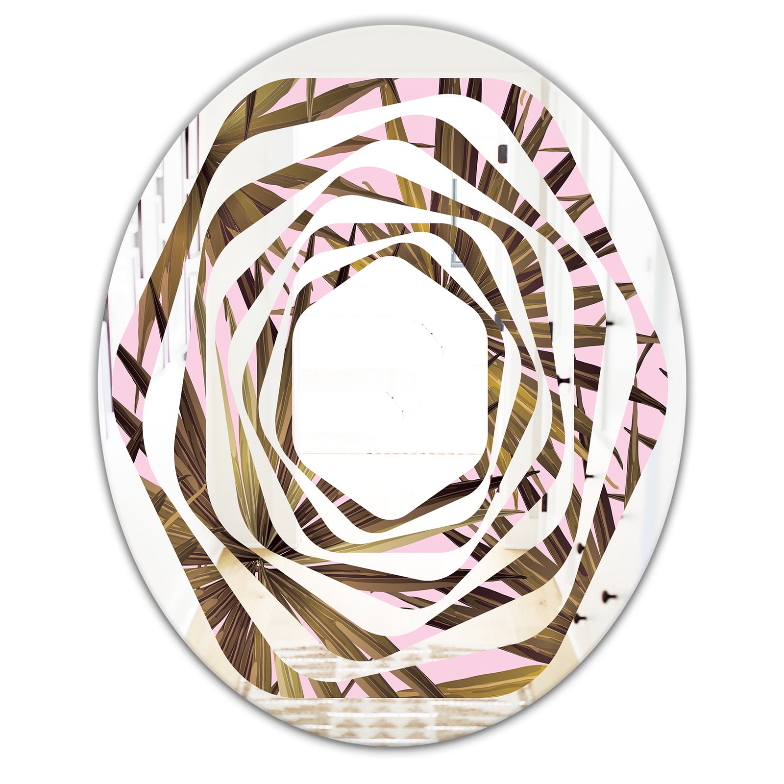 Tropical Leaves On Pink - Modern Round or Oval Wall Mirror - Whirl