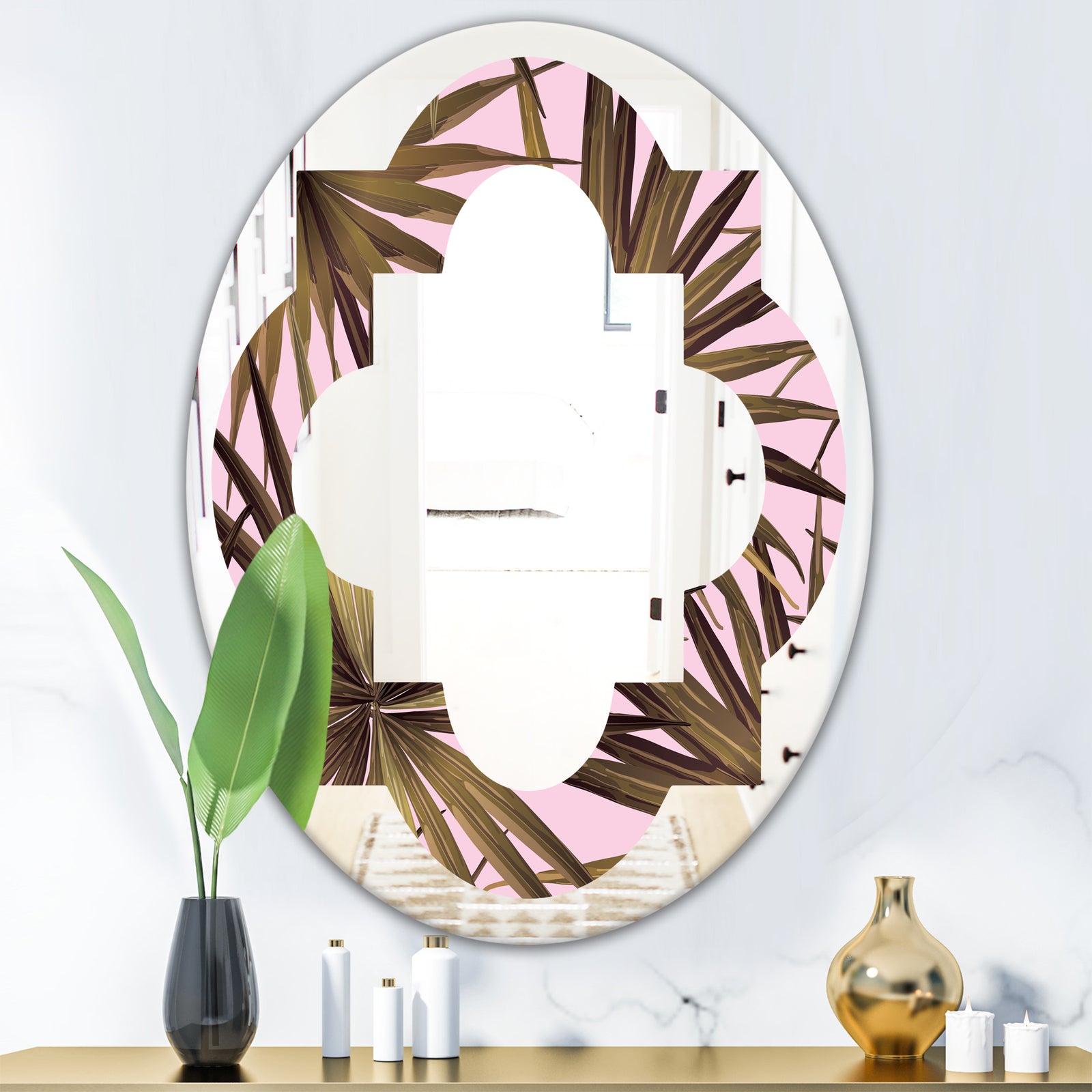 Tropical Leaves On Pink - Modern Round or Oval Wall Mirror - Quatrefoil
