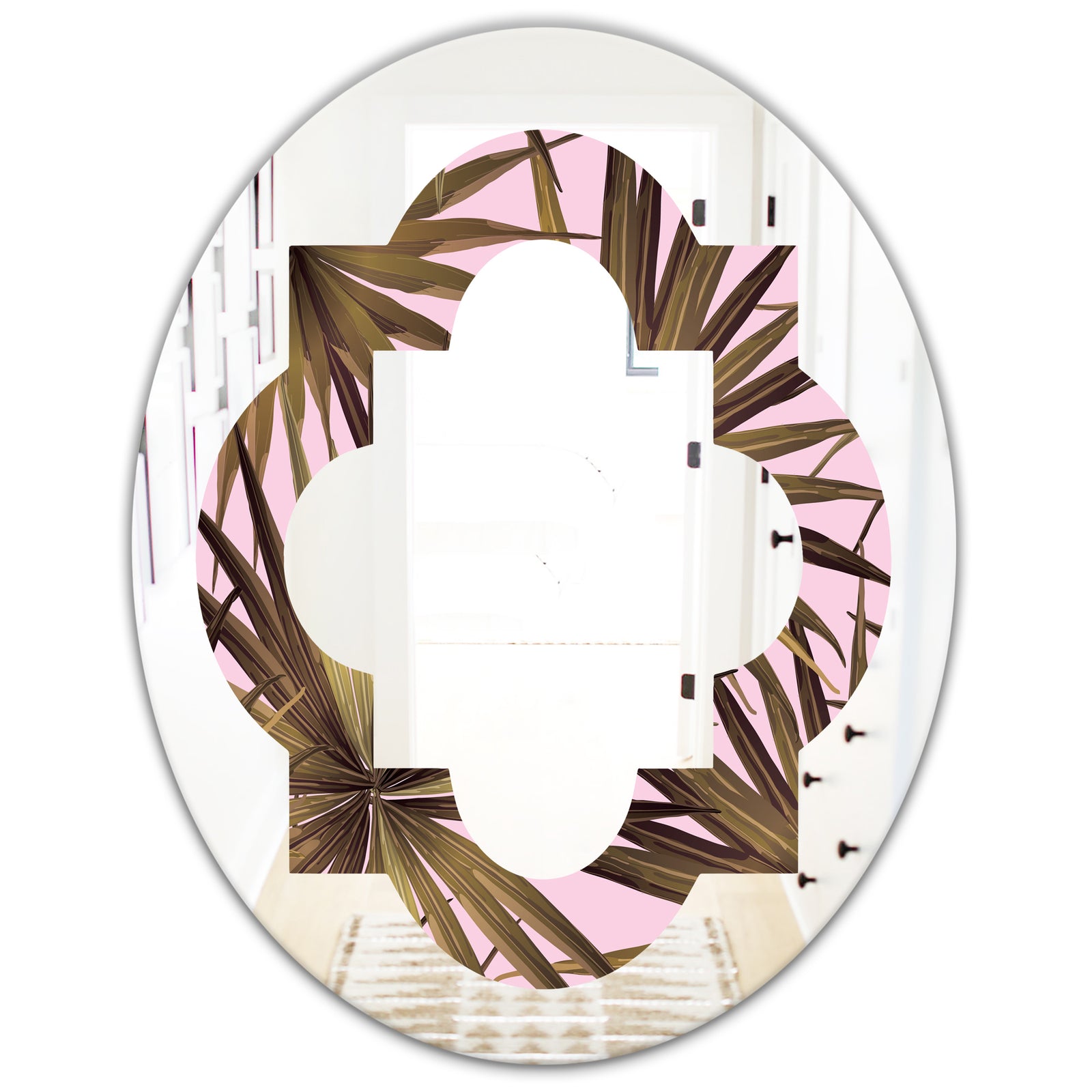 Tropical Leaves On Pink - Modern Round or Oval Wall Mirror - Quatrefoil