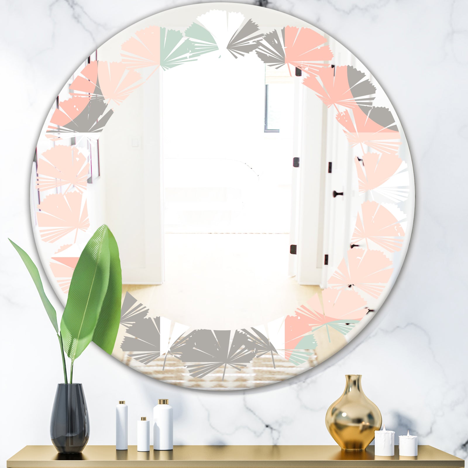 Retro Pastel Circular Pattern II - Modern Round or Oval Wall Mirror - Leaves