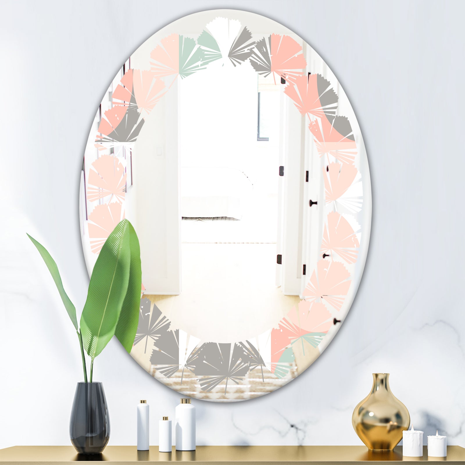 Retro Pastel Circular Pattern II - Modern Round or Oval Wall Mirror - Leaves