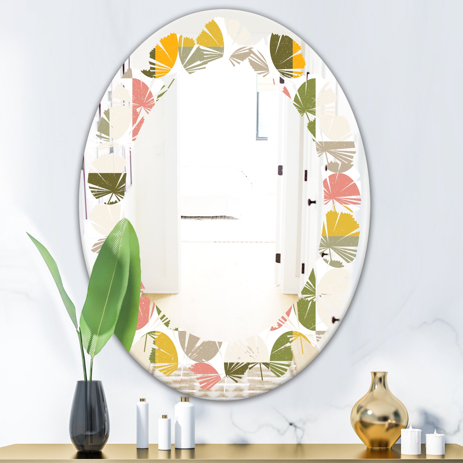 Vintage Circular Design I - Modern Round or Oval Wall Mirror - Leaves