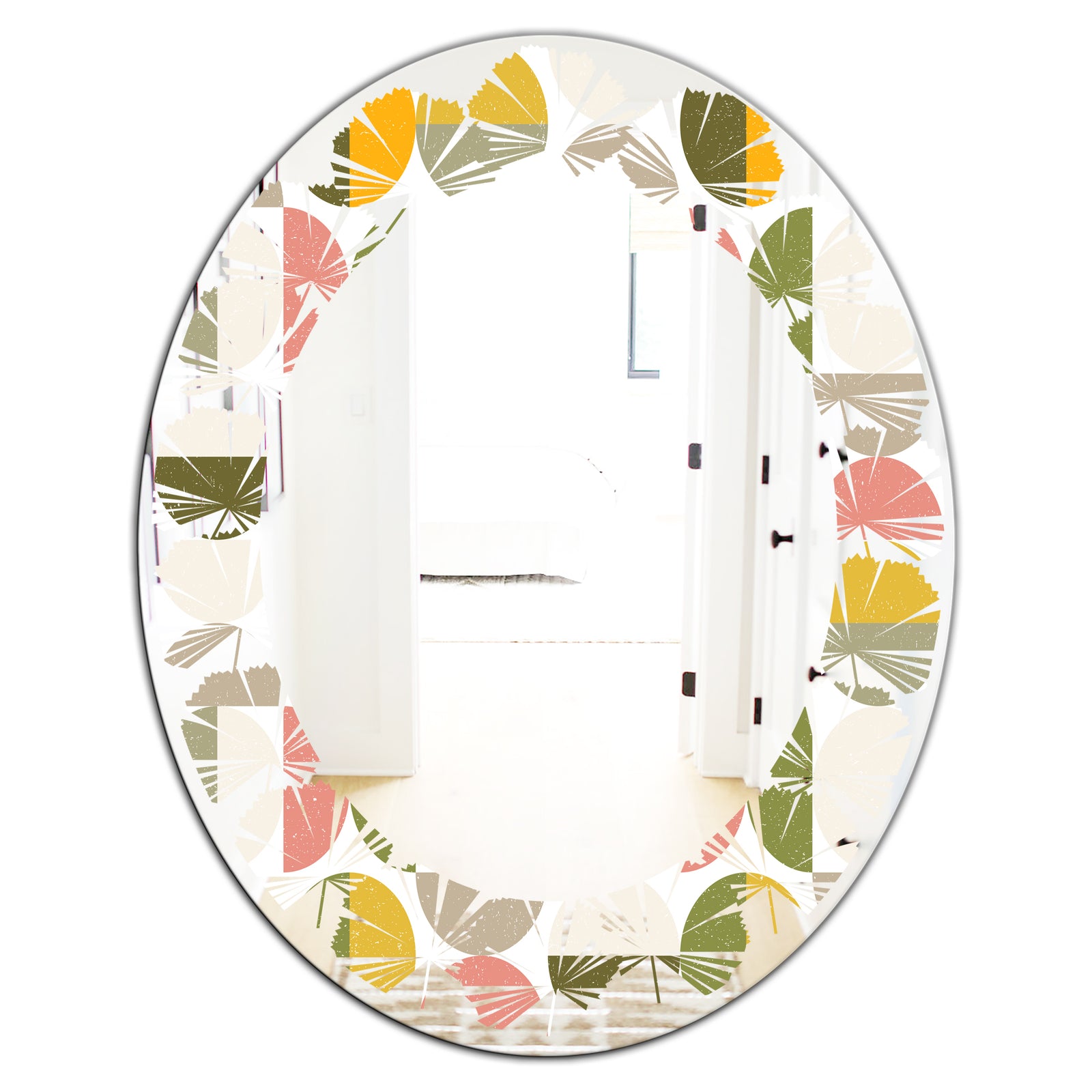 Vintage Circular Design I - Modern Round or Oval Wall Mirror - Leaves