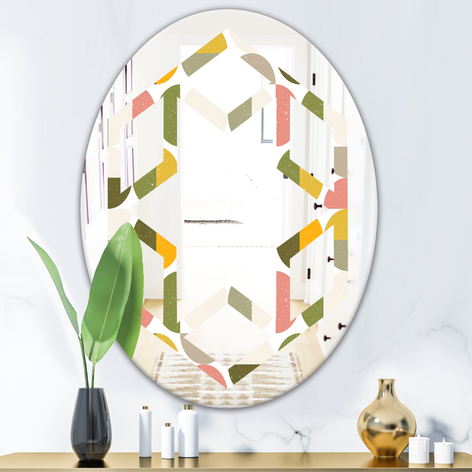 Vintage Circular Design I - Modern Round or Oval Wall Mirror - Hexagon Star