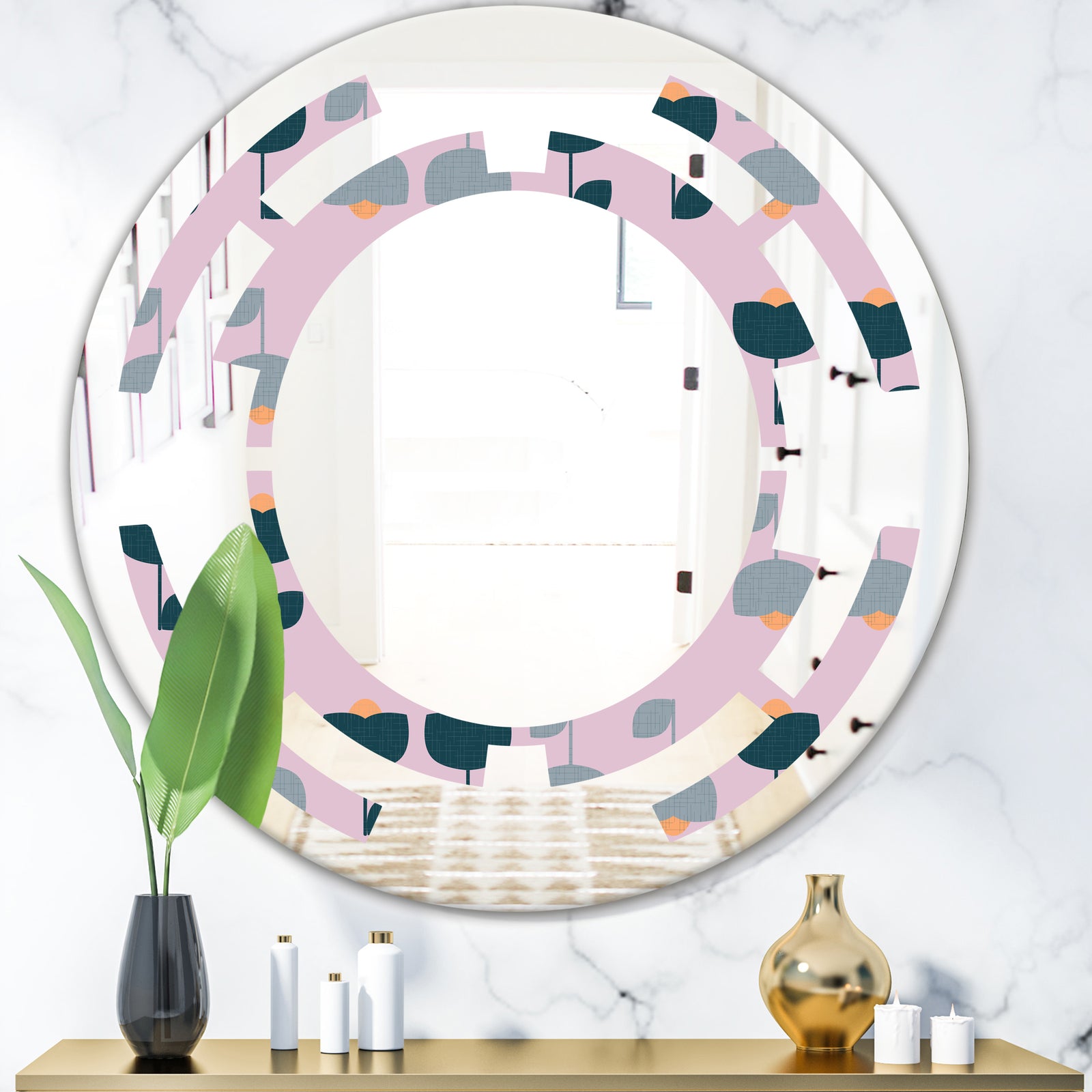 Retro Floral Pattern XIII - Modern Round or Oval Wall Mirror - Space