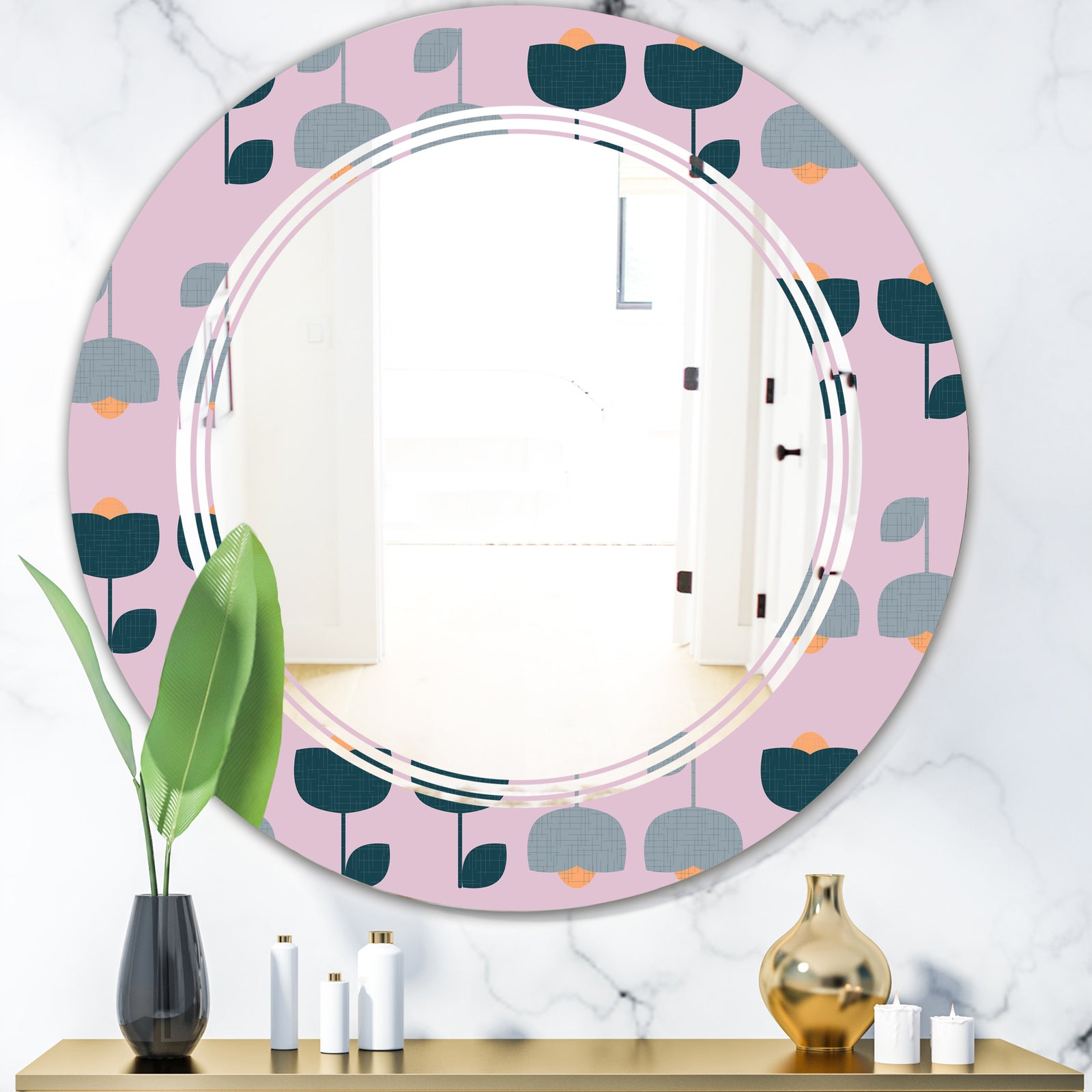 Retro Floral Pattern XIII - Modern Round or Oval Wall Mirror - Triple C