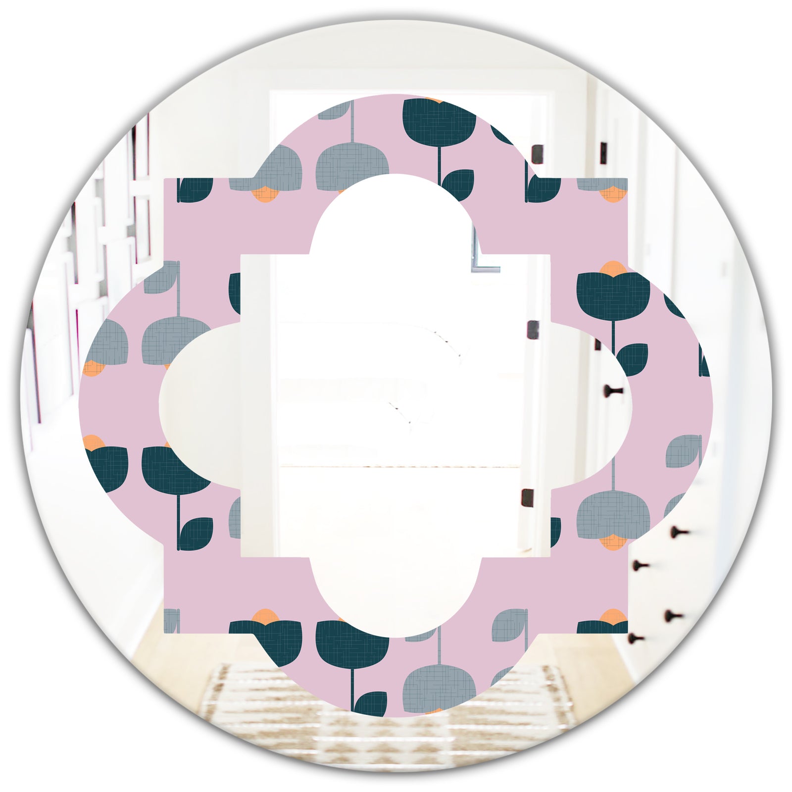 Retro Floral Pattern XIII - Modern Round or Oval Wall Mirror - Quatrefoil