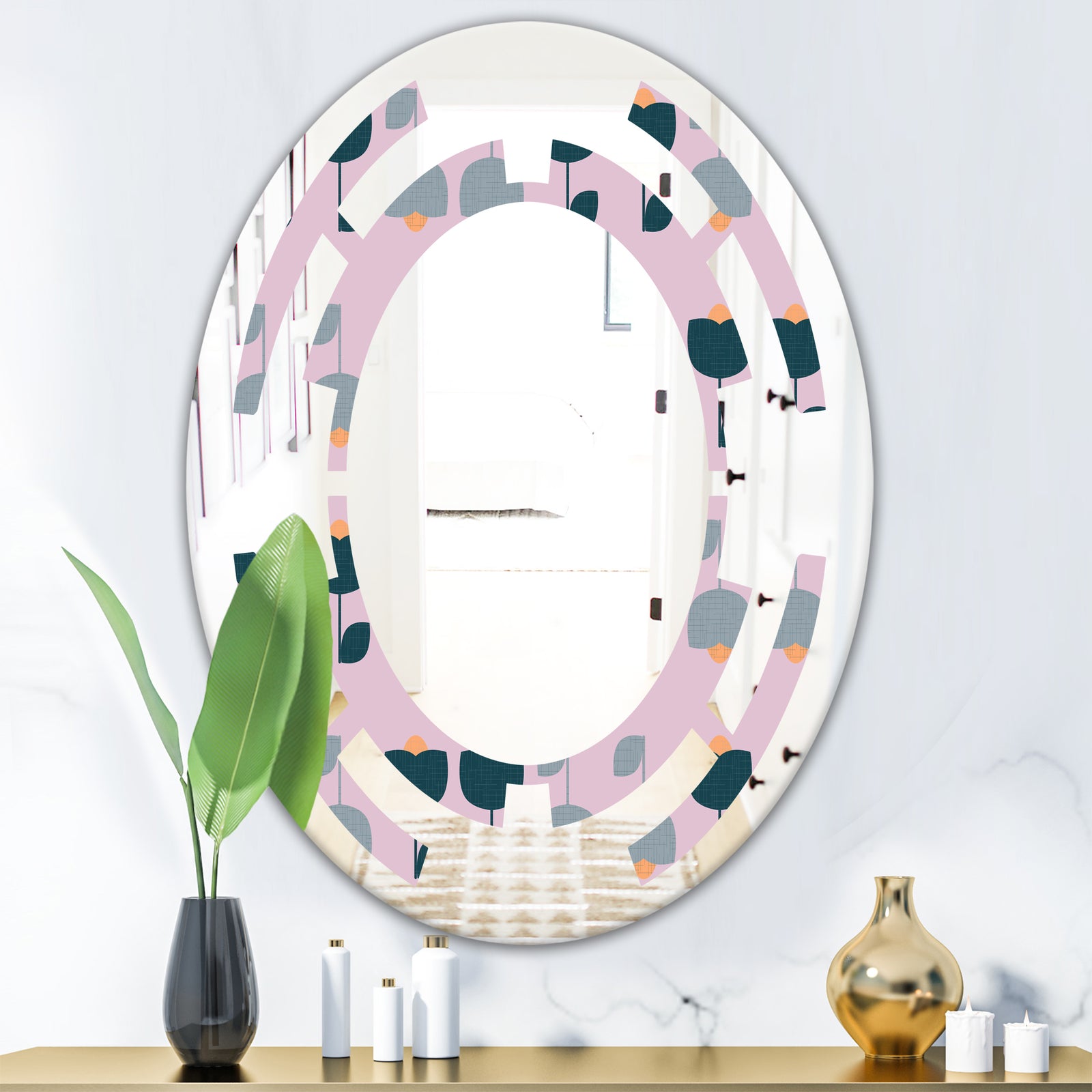 Retro Floral Pattern XIII - Modern Round or Oval Wall Mirror - Space