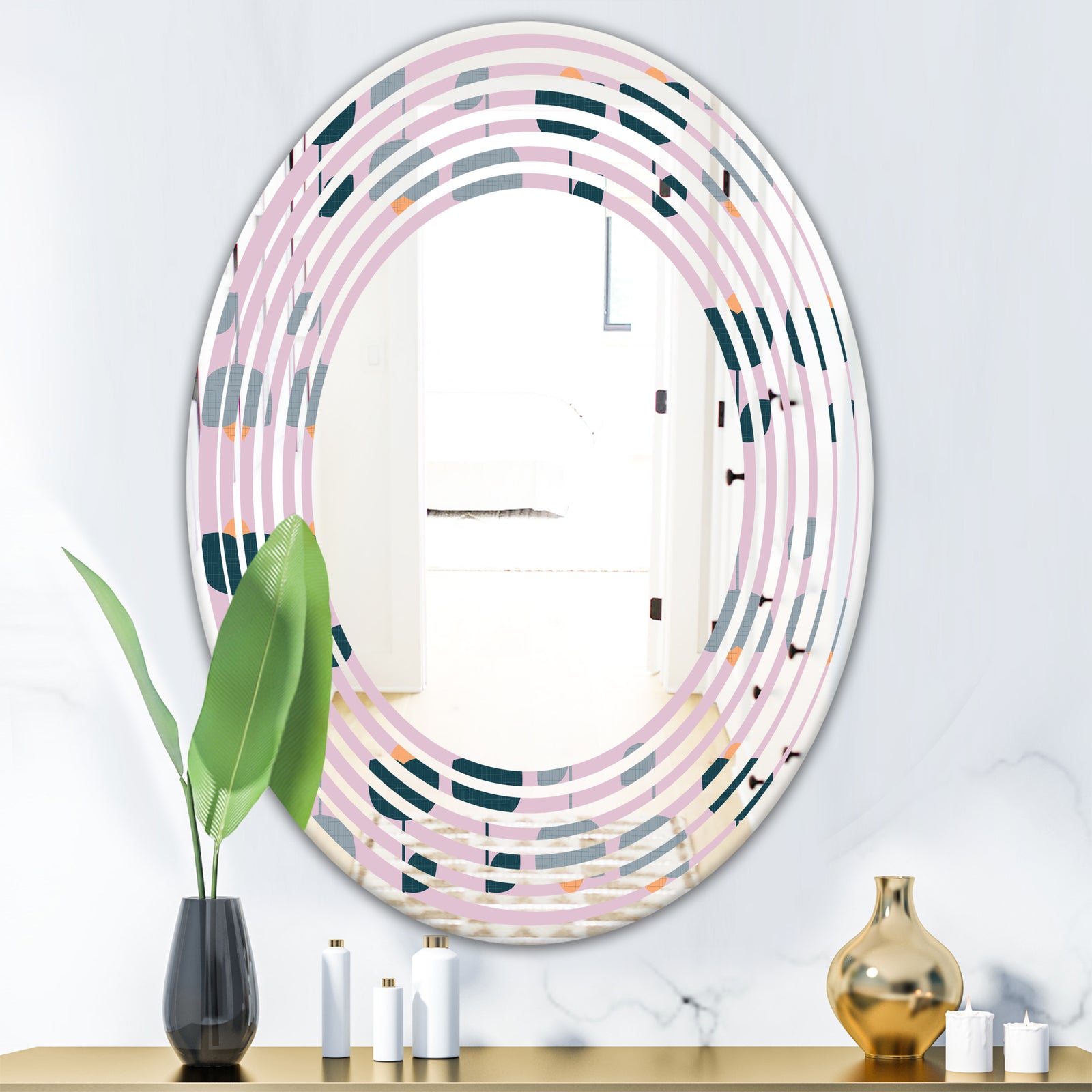 Retro Floral Pattern XIII - Modern Round or Oval Wall Mirror - Wave