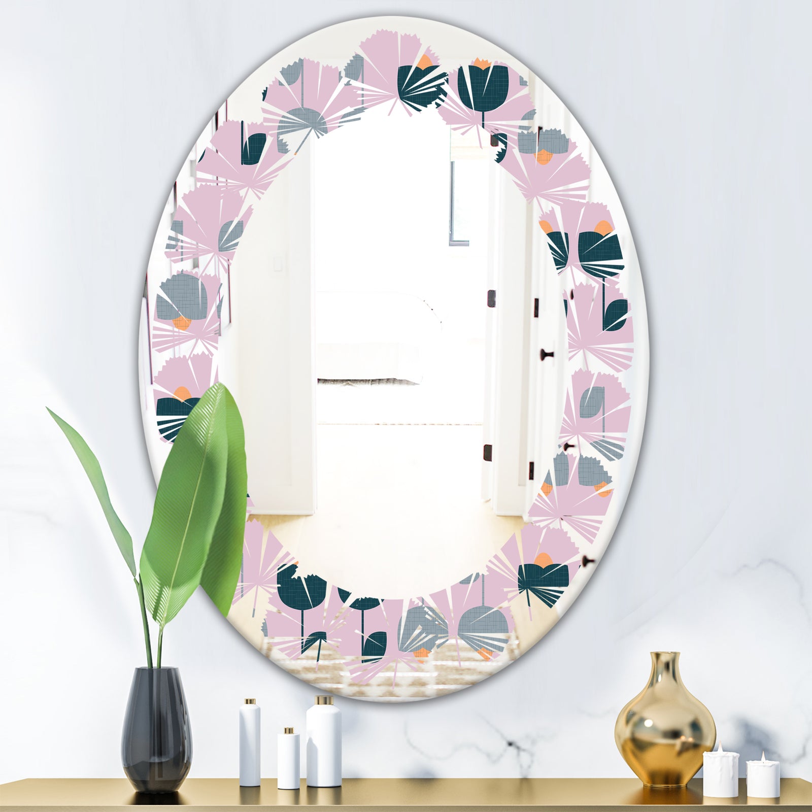 Retro Floral Pattern XIII - Modern Round or Oval Wall Mirror - Leaves