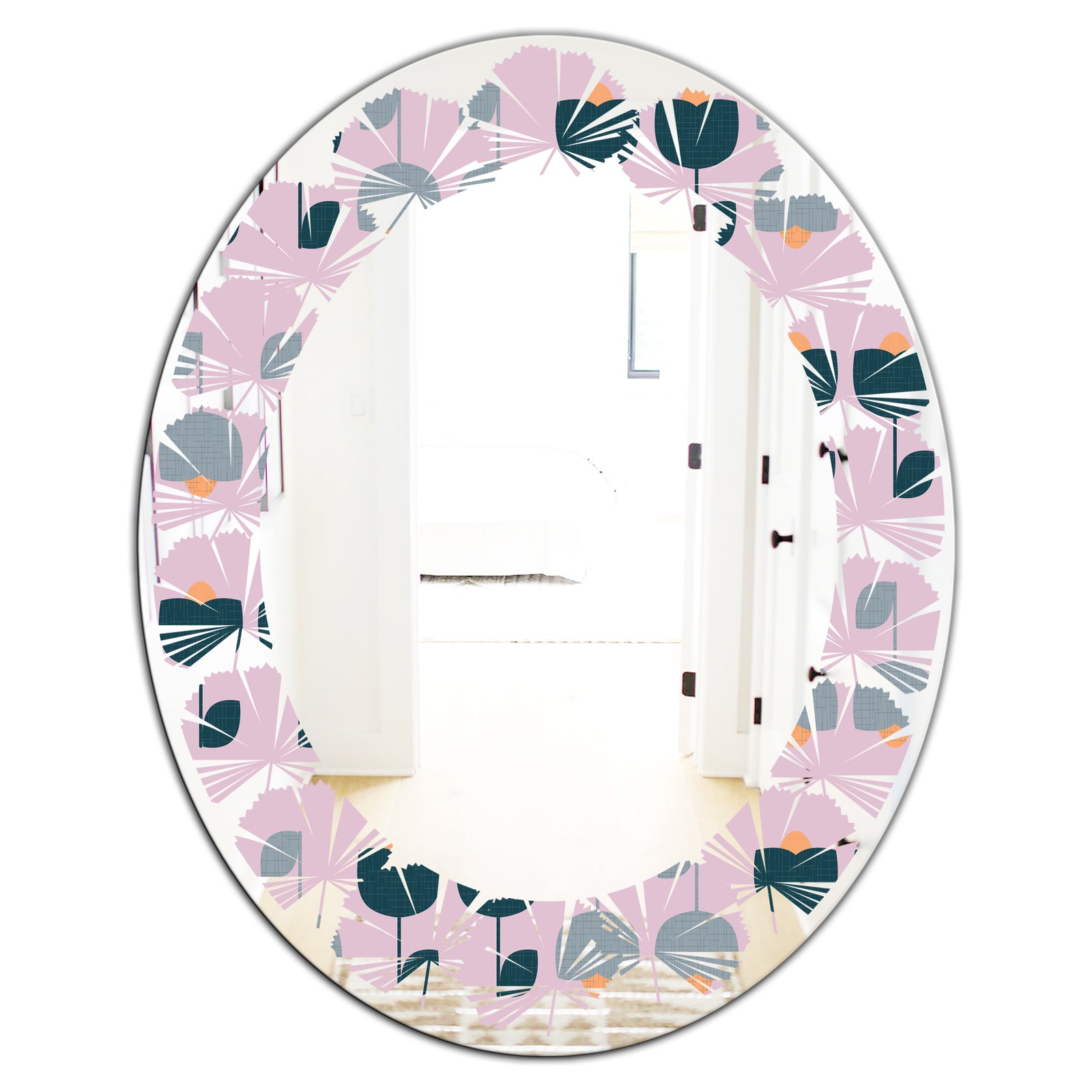 Retro Floral Pattern XIII - Modern Round or Oval Wall Mirror - Leaves