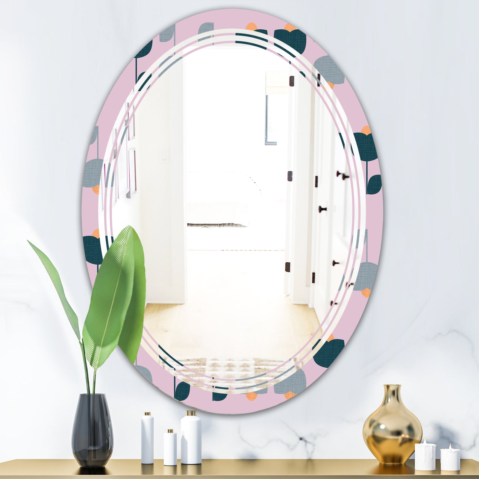 Retro Floral Pattern XIII - Modern Round or Oval Wall Mirror - Triple C