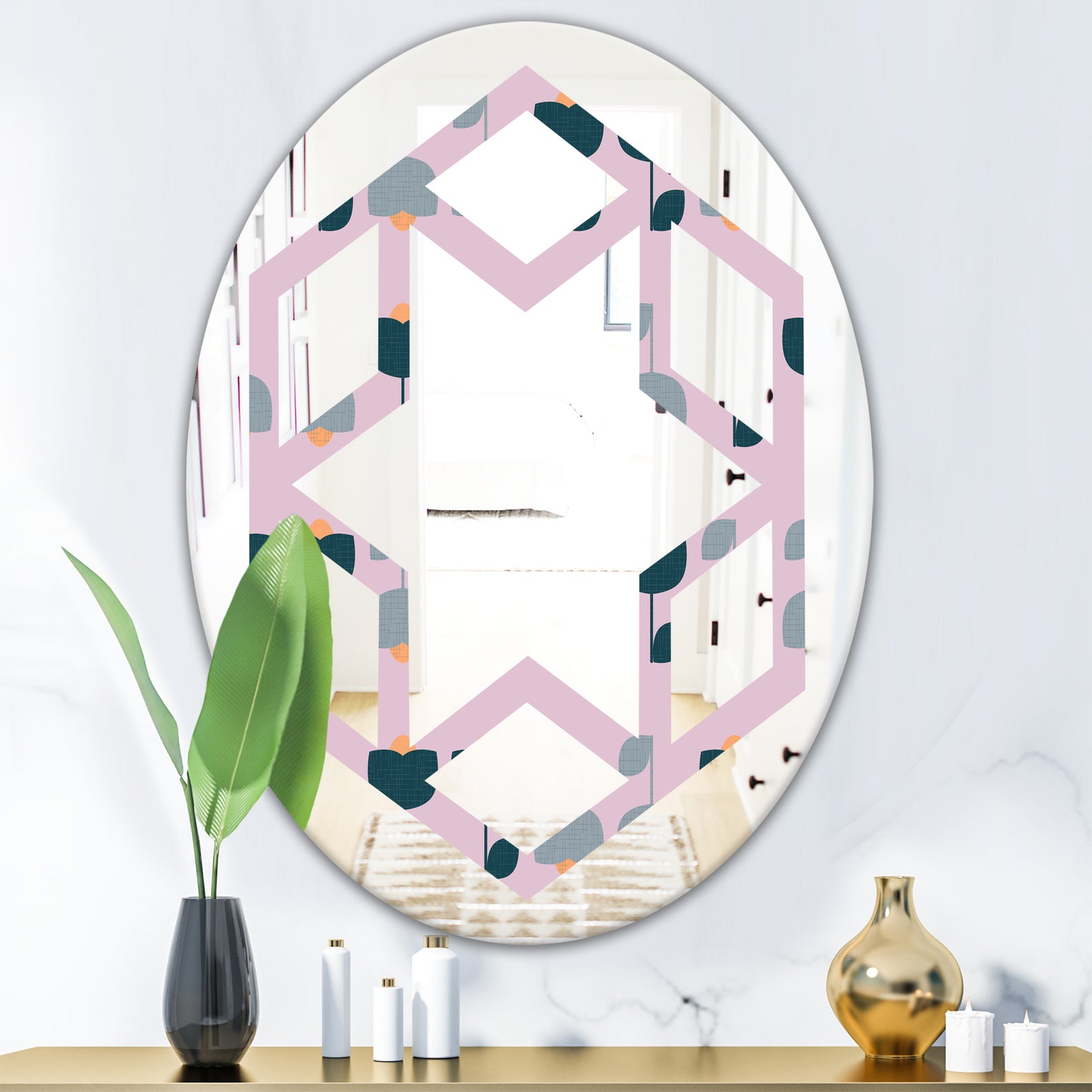 Retro Floral Pattern XIII - Modern Round or Oval Wall Mirror - Hexagon Star