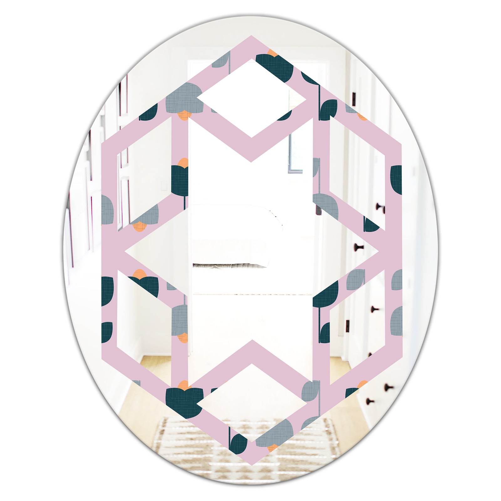 Retro Floral Pattern XIII - Modern Round or Oval Wall Mirror - Hexagon Star