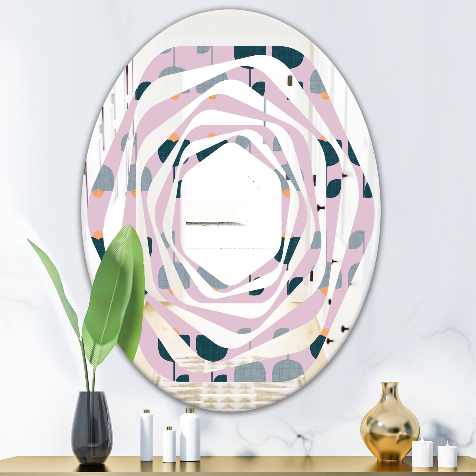 Retro Floral Pattern XIII - Modern Round or Oval Wall Mirror - Whirl