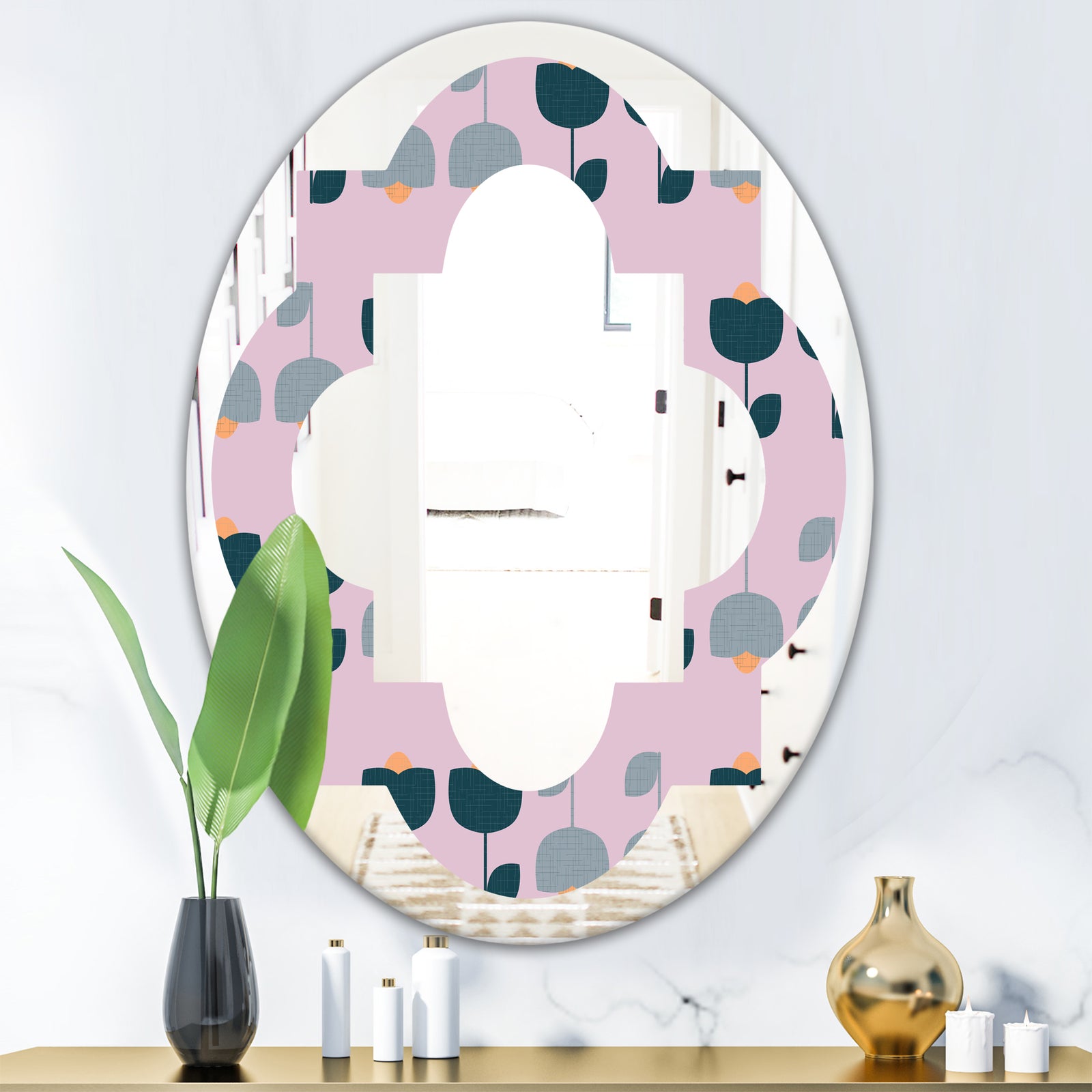 Retro Floral Pattern XIII - Modern Round or Oval Wall Mirror - Quatrefoil