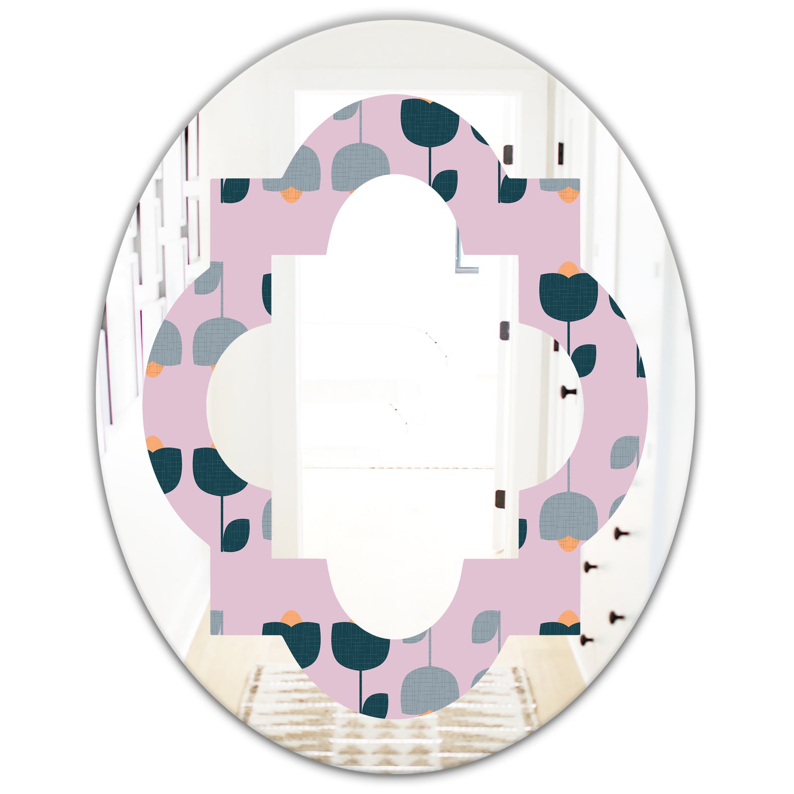 Retro Floral Pattern XIII - Modern Round or Oval Wall Mirror - Quatrefoil
