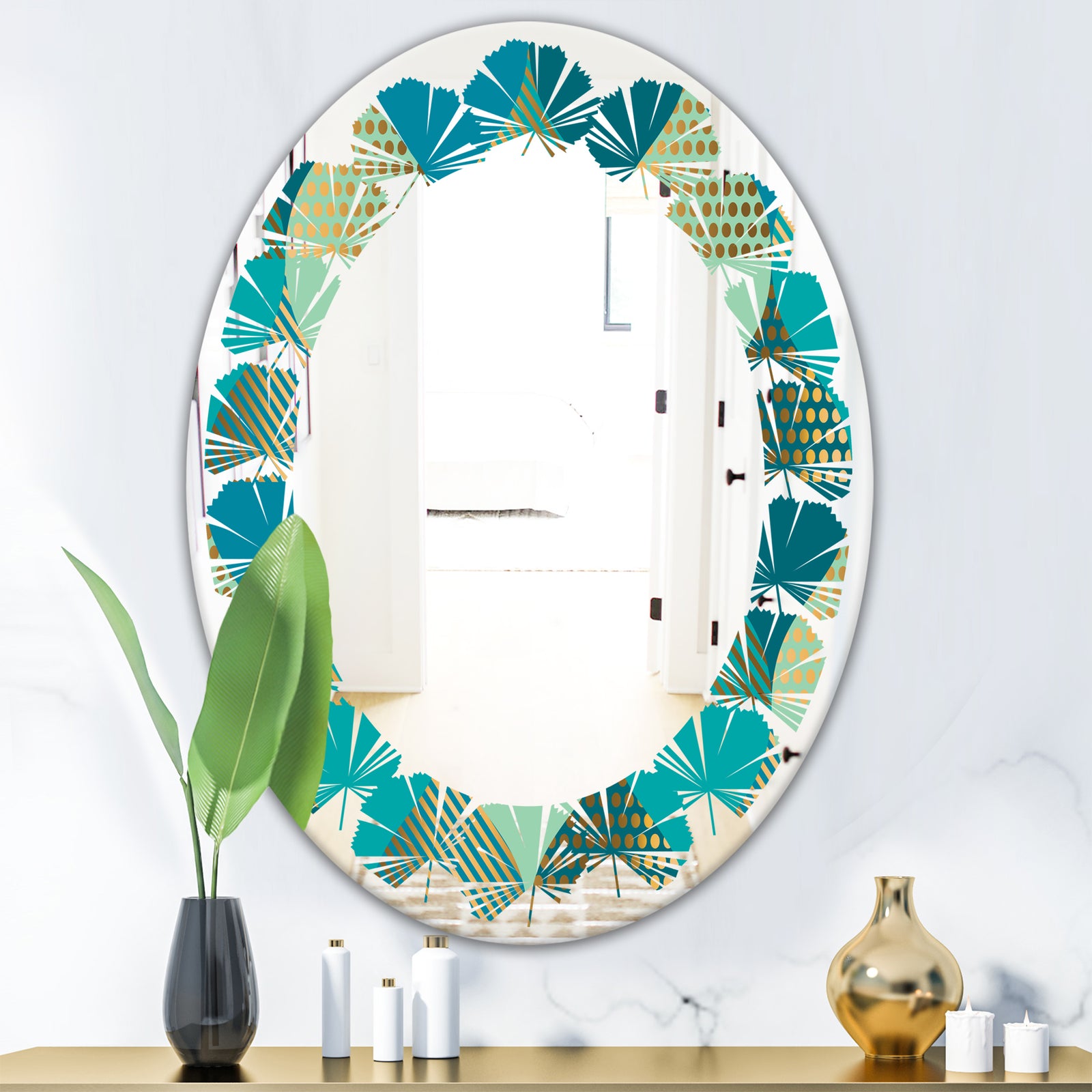 Luxury Retro Drops I - Modern Round or Oval Wall Mirror - Leaves