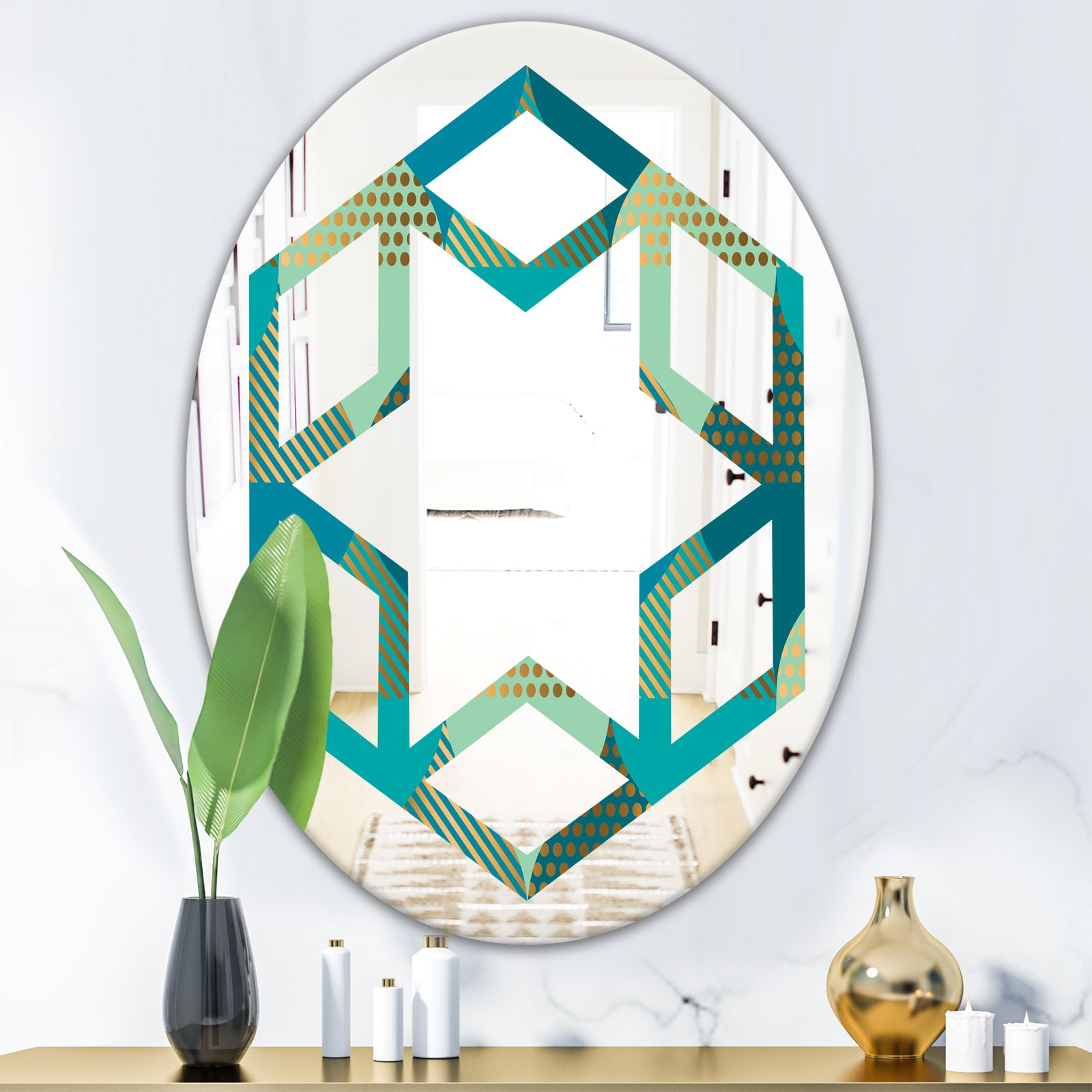 Luxury Retro Drops I - Modern Round or Oval Wall Mirror - Hexagon Star