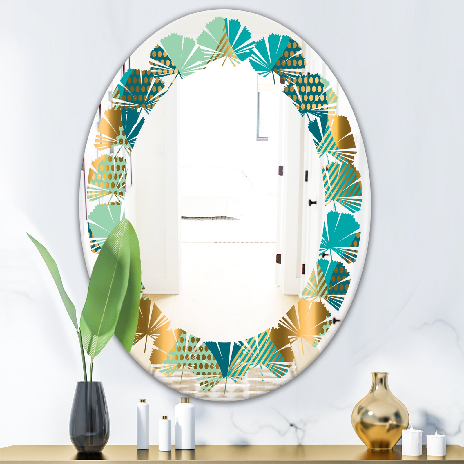 Luxury Retro Drops II - Modern Round or Oval Wall Mirror - Leaves
