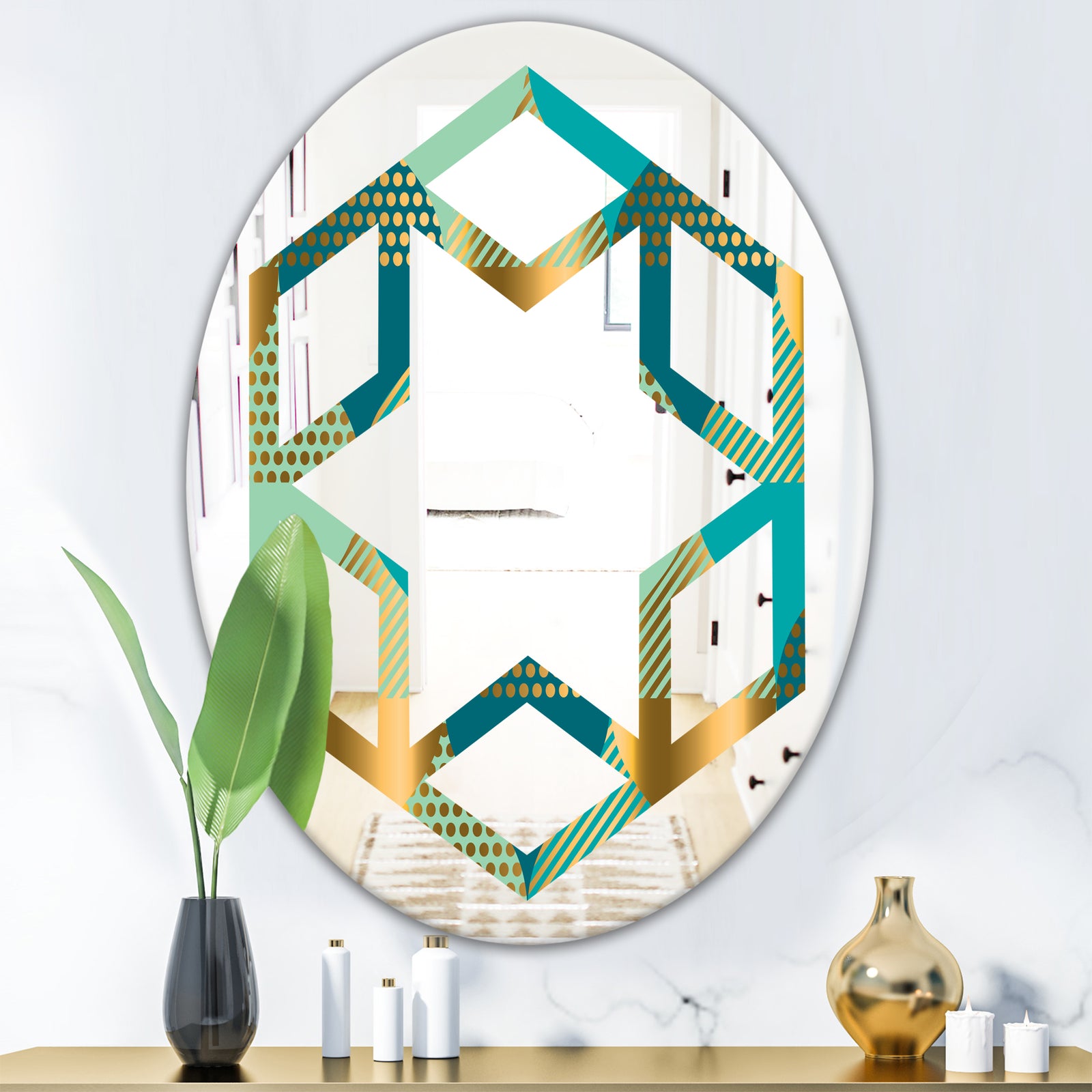 Luxury Retro Drops II - Modern Round or Oval Wall Mirror - Hexagon Star