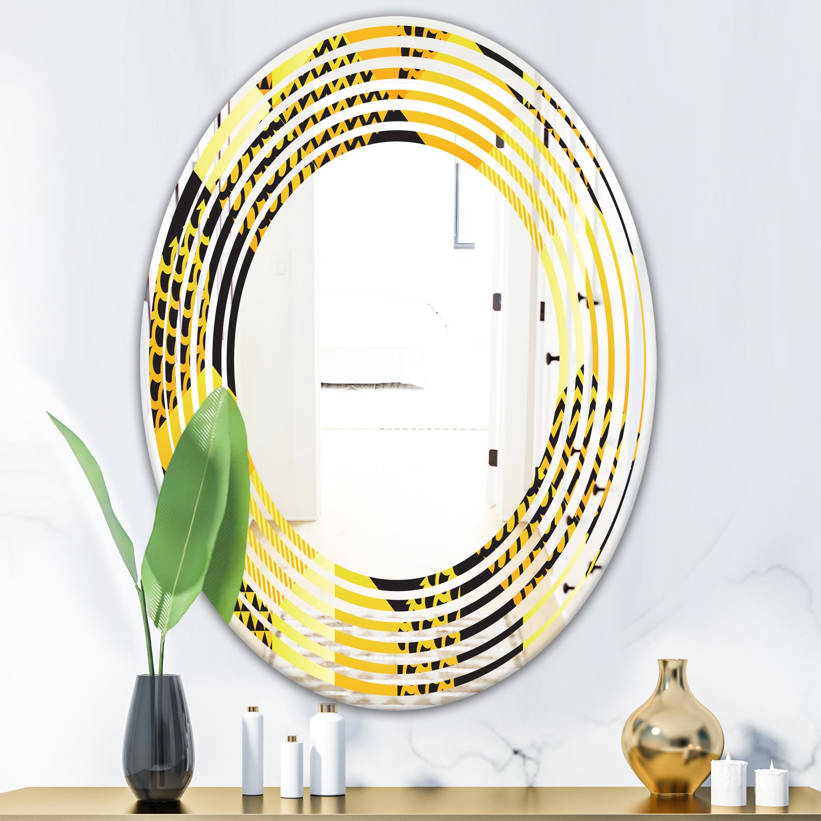 Retro Hexagon Pattern II - Modern Round or Oval Wall Mirror - Wave