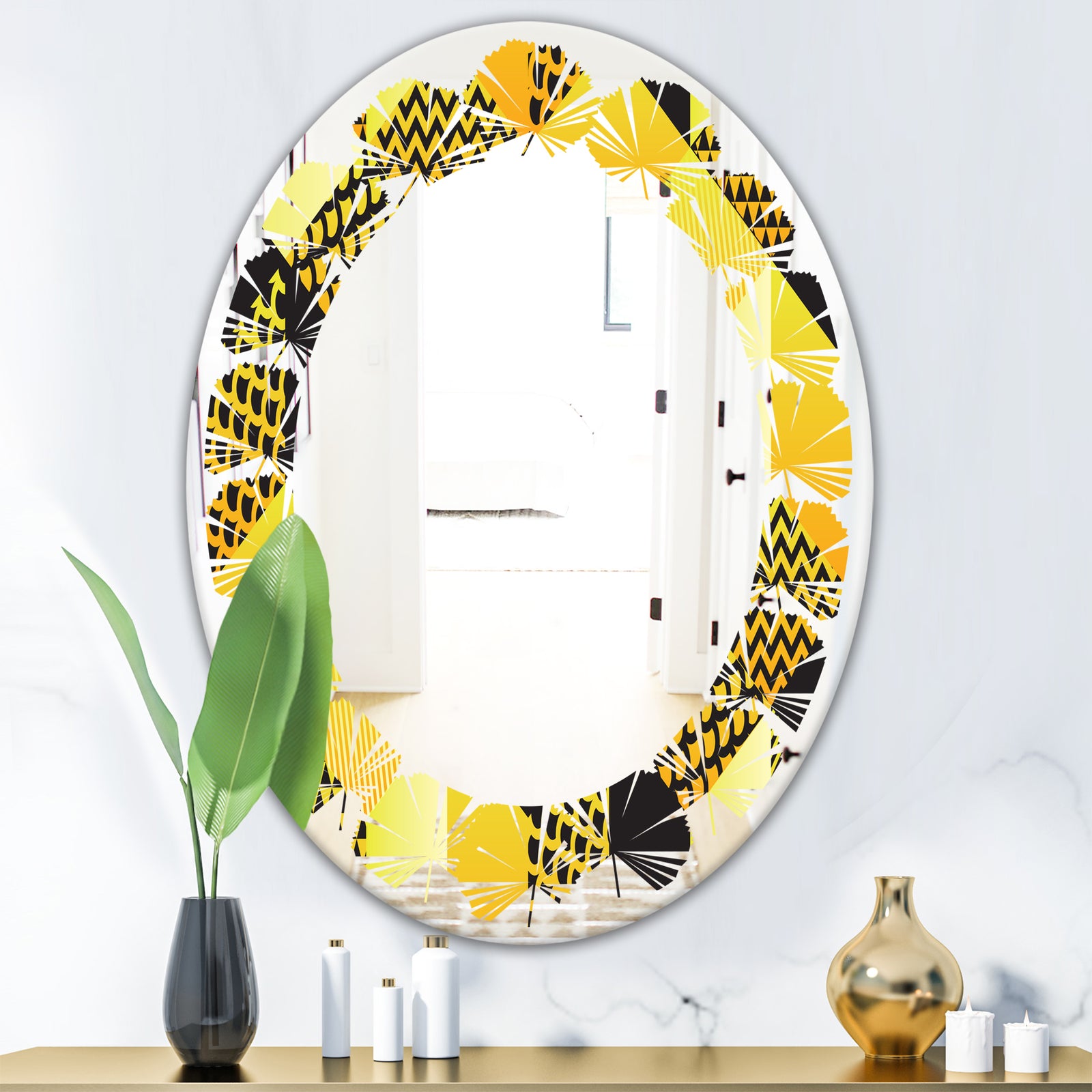 Retro Hexagon Pattern II - Modern Round or Oval Wall Mirror - Leaves