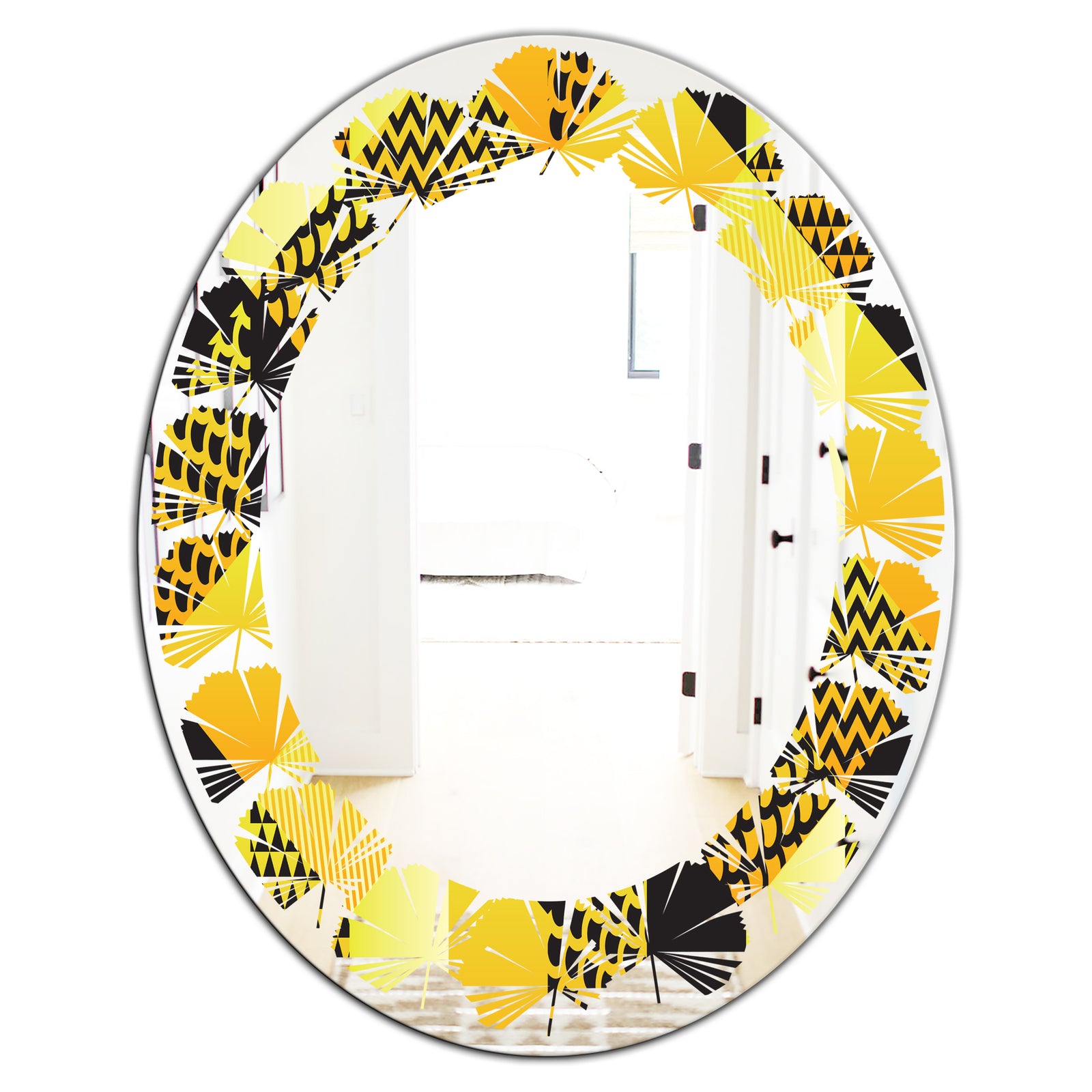 Retro Hexagon Pattern II - Modern Round or Oval Wall Mirror - Leaves