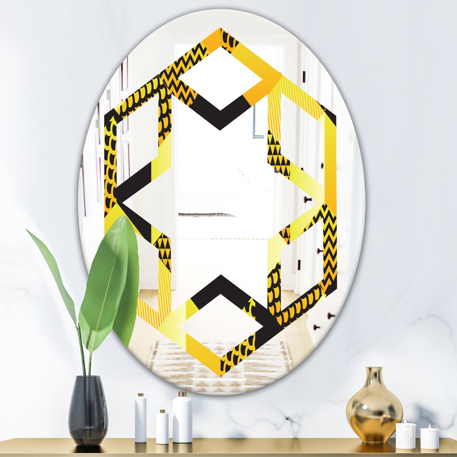 Retro Hexagon Pattern II - Modern Round or Oval Wall Mirror - Hexagon Star
