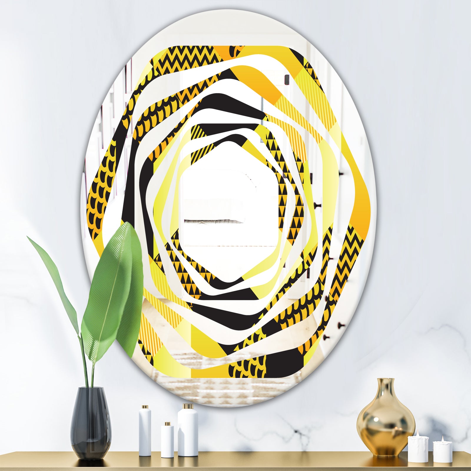 Retro Hexagon Pattern II - Modern Round or Oval Wall Mirror - Whirl