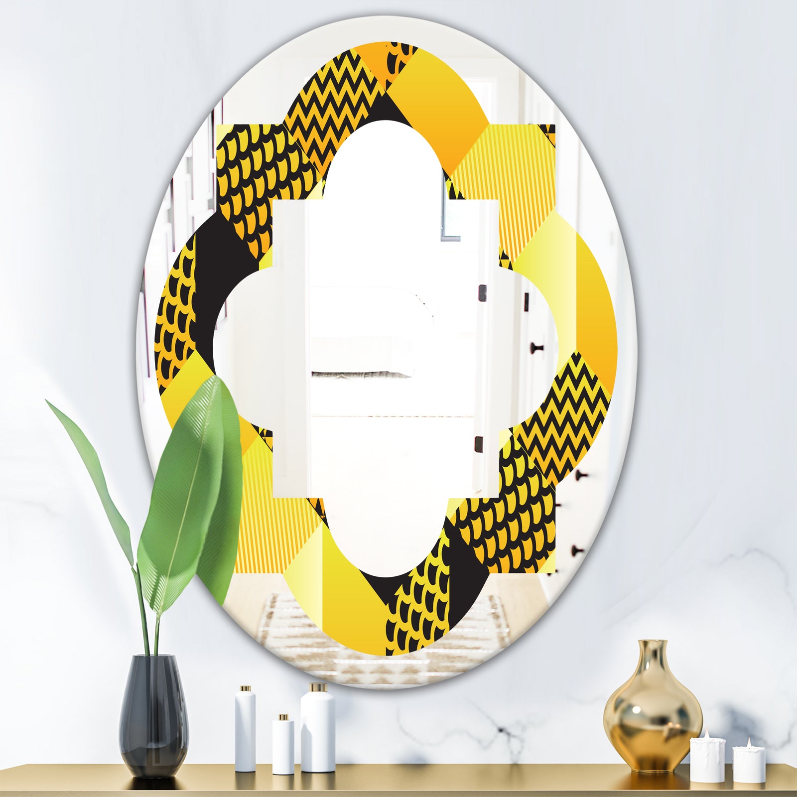 Retro Hexagon Pattern II - Modern Round or Oval Wall Mirror - Quatrefoil