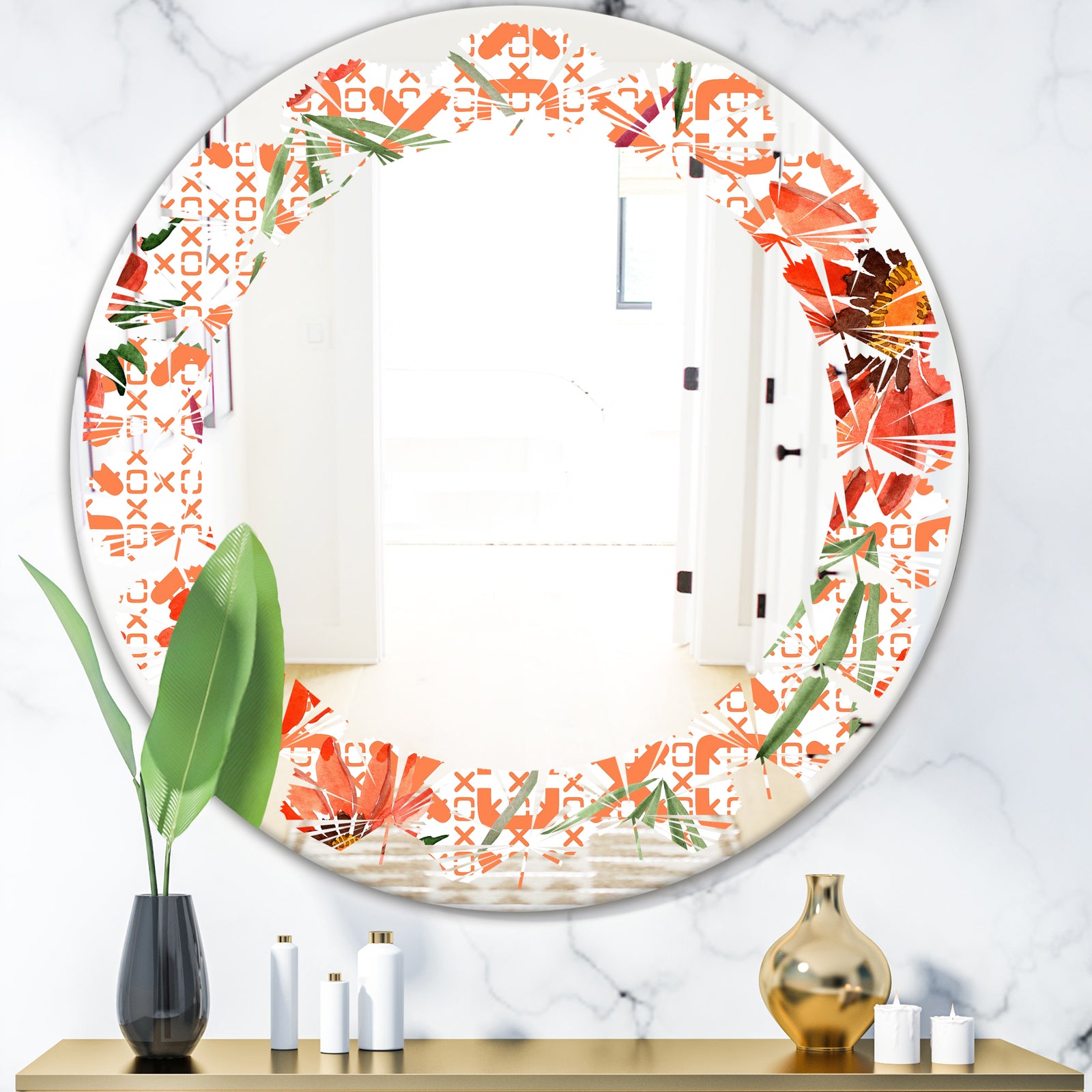 Floral Botanical Retro I - Modern Round or Oval Wall Mirror - Leaves