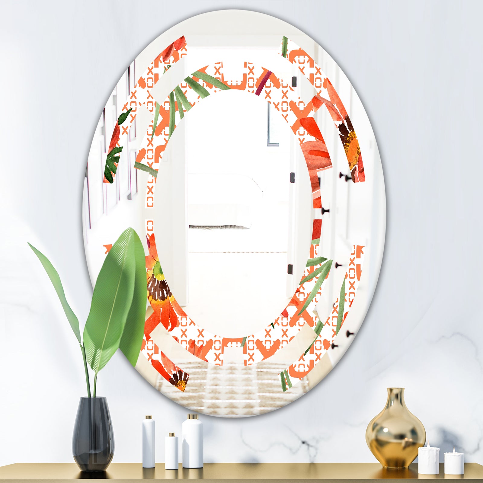 Floral Botanical Retro I - Modern Round or Oval Wall Mirror - Space