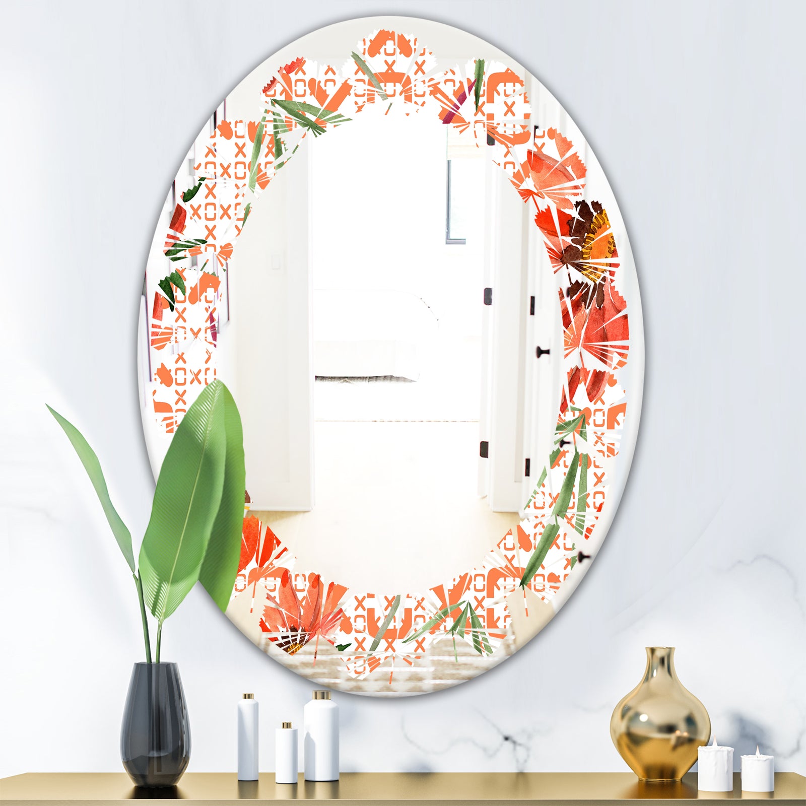 Floral Botanical Retro I - Modern Round or Oval Wall Mirror - Leaves