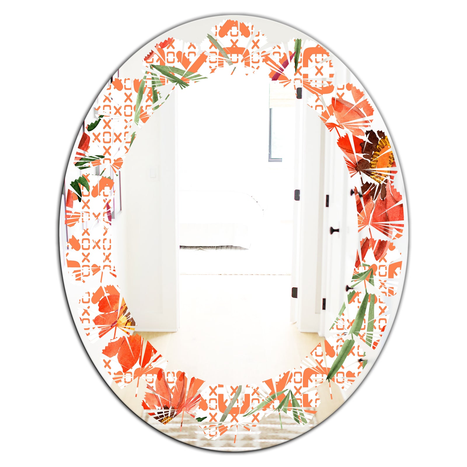 Floral Botanical Retro I - Modern Round or Oval Wall Mirror - Leaves