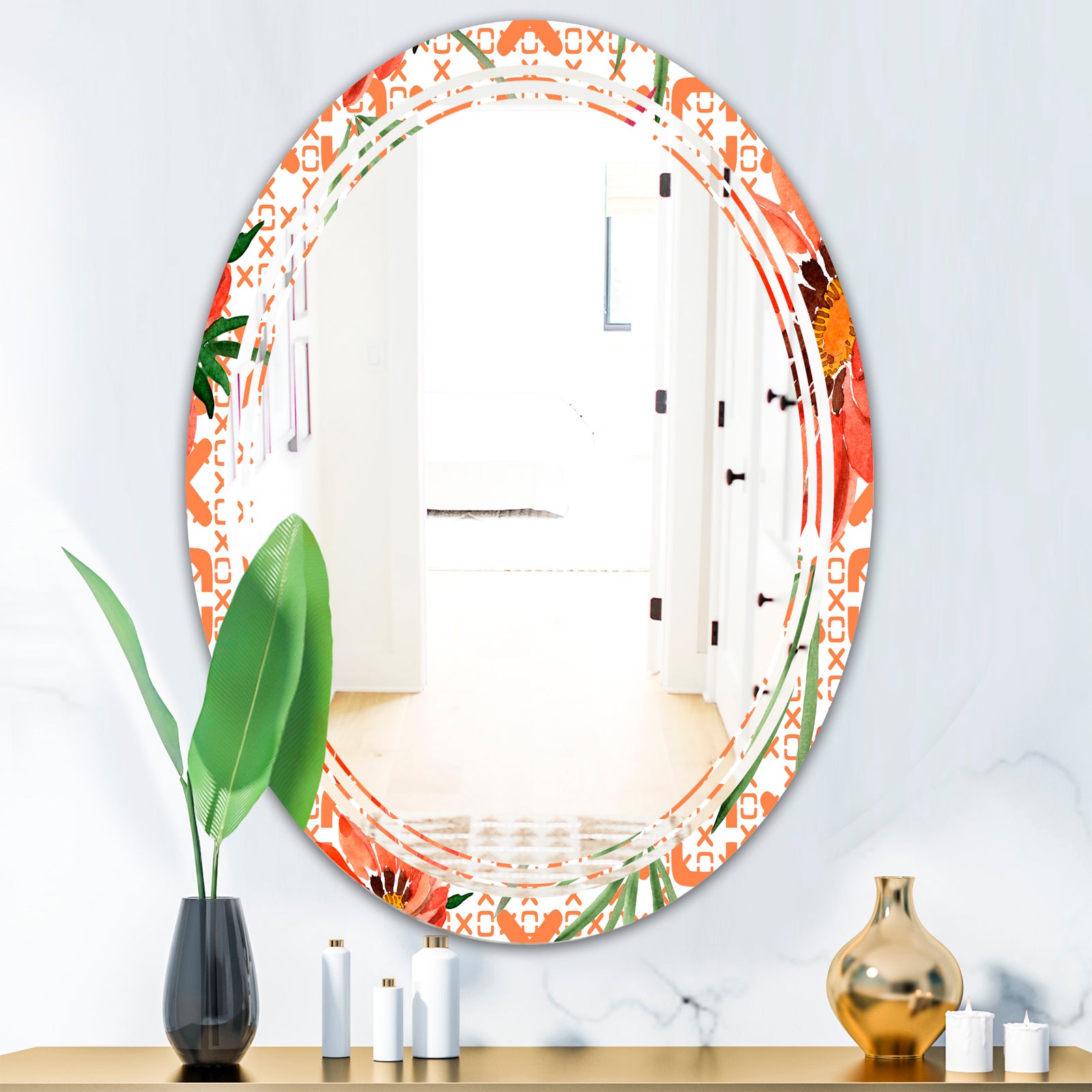 Floral Botanical Retro I - Modern Round or Oval Wall Mirror - Triple C