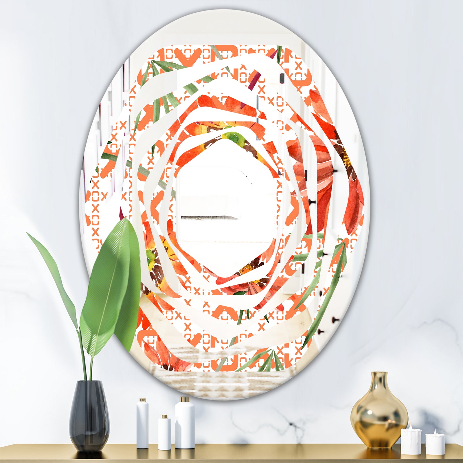 Floral Botanical Retro I - Modern Round or Oval Wall Mirror - Whirl