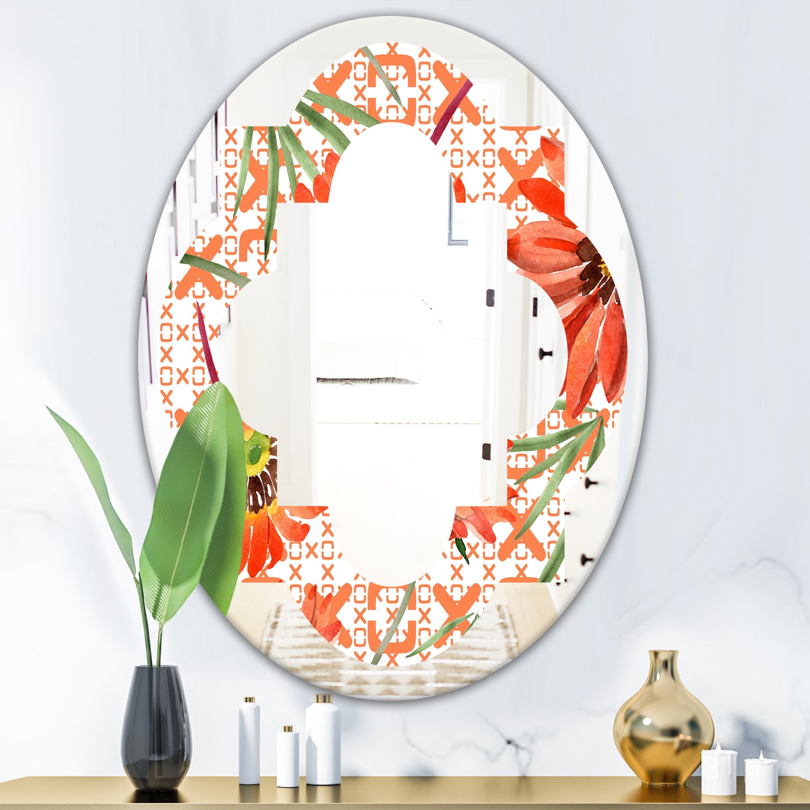 Floral Botanical Retro I - Modern Round or Oval Wall Mirror - Quatrefoil
