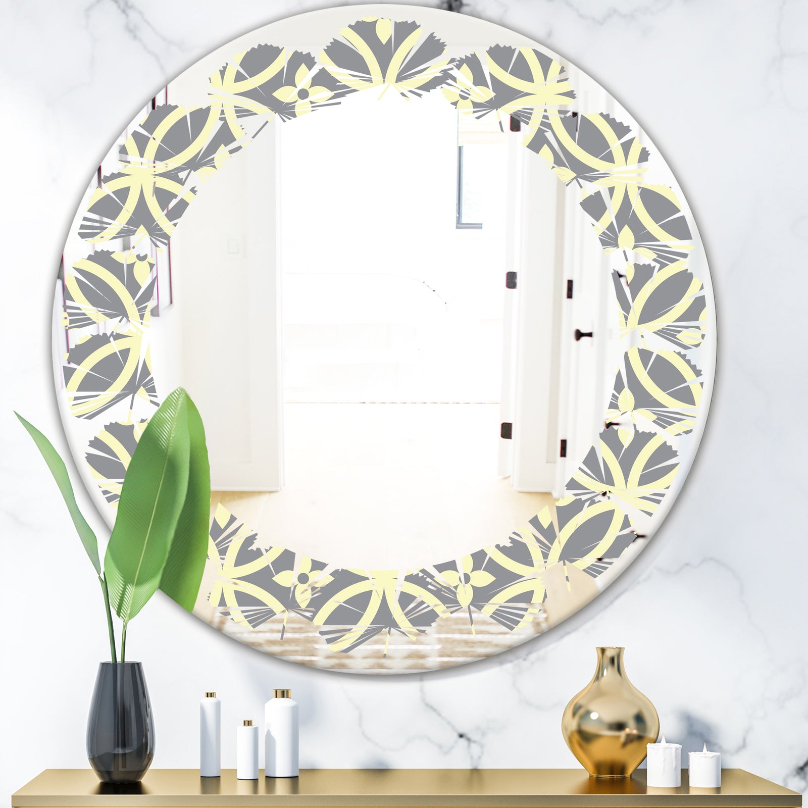 Retro Ornamental Pattern II - Modern Round or Oval Wall Mirror - Leaves