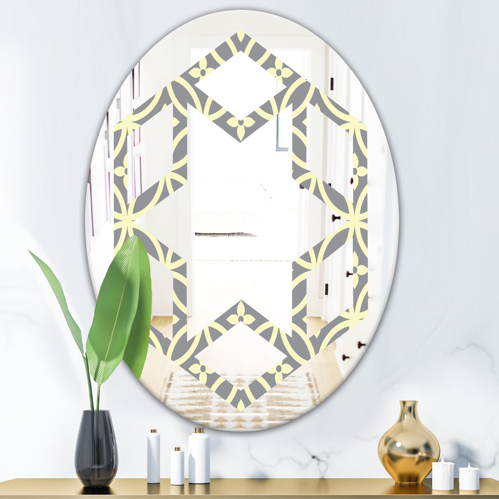 Retro Ornamental Pattern II - Modern Round or Oval Wall Mirror - Hexagon Star