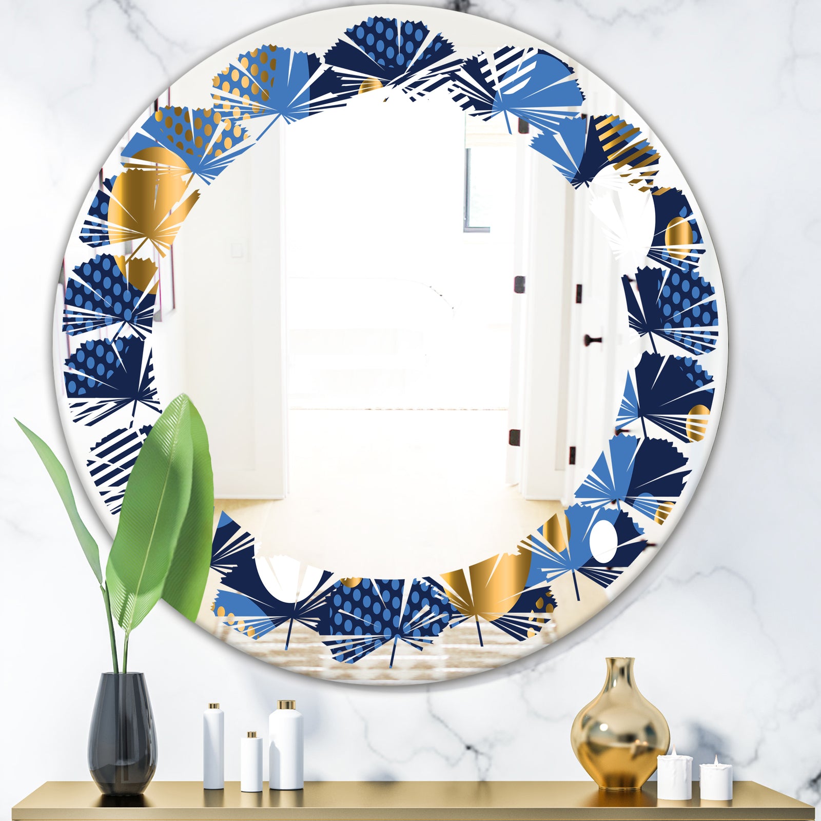 Circular Abstract Retro Geometric XI - Modern Round or Oval Wall Mirror - Leaves