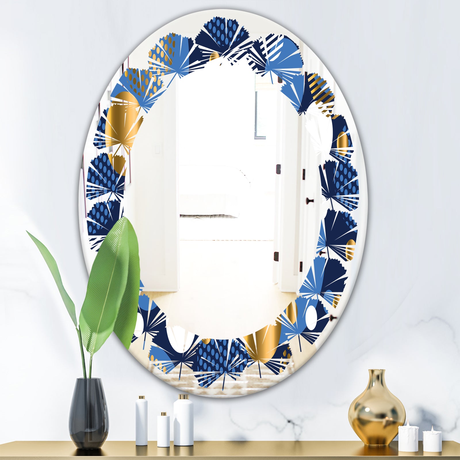 Circular Abstract Retro Geometric XI - Modern Round or Oval Wall Mirror - Leaves