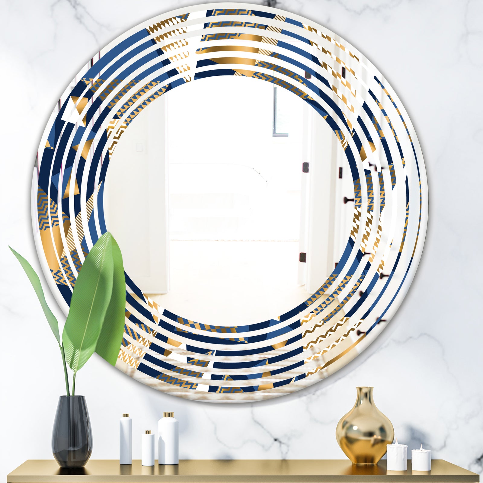 Gold and Blue Cubes - Modern Round or Oval Wall Mirror - Wave