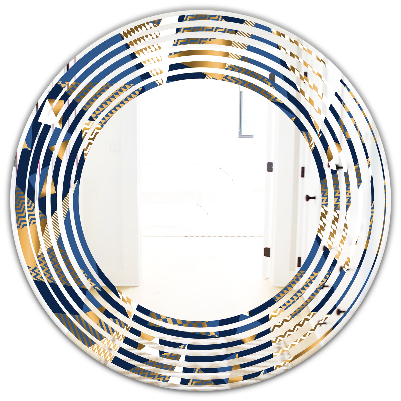 Gold and Blue Cubes - Modern Round or Oval Wall Mirror - Wave