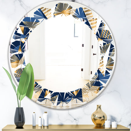 Gold and Blue Cubes - Modern Round or Oval Wall Mirror - Leaves